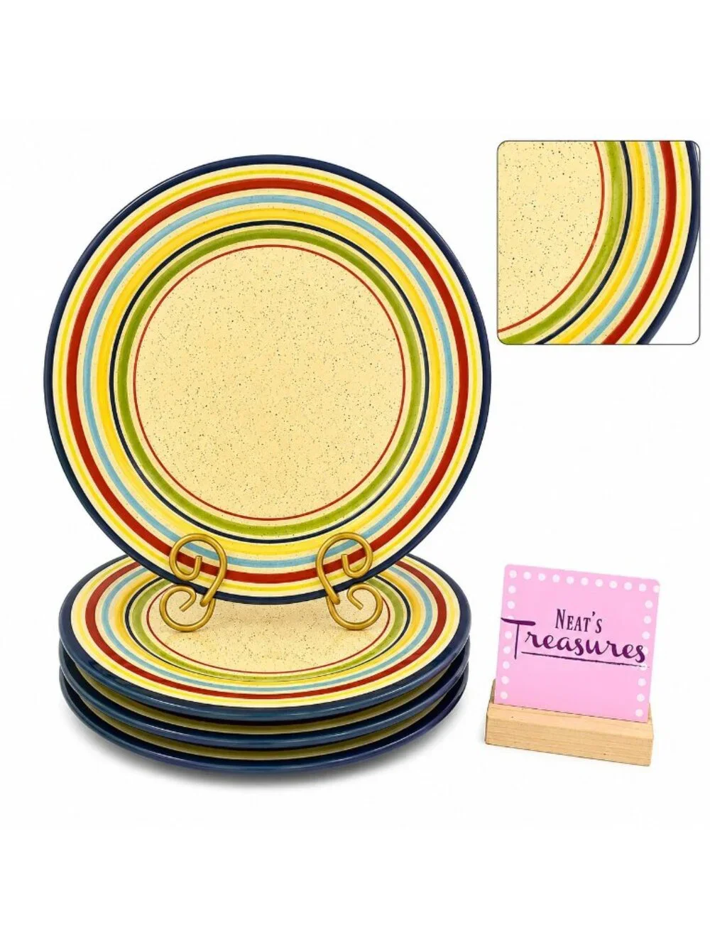Pfaltzgraff SEDONA Stoneware Hand Paint Stripe Speckle Round Dinner Plates Set 4